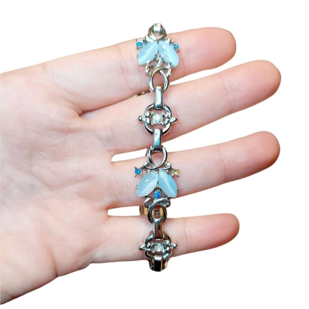 Silver Bracelet With Light Blue Glass Beads. Dark Blue Rhinestones